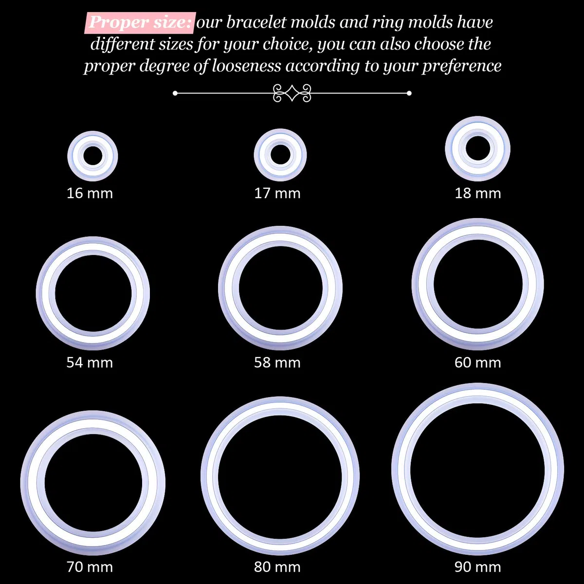 9 stampi per braccialetti epossidici 54 mm 58 mm 60 mm 70 mm 80 mm 90 mm e anello in resina 16 mm 17 mm 18 mm anello in silicone per gioielli fai da te