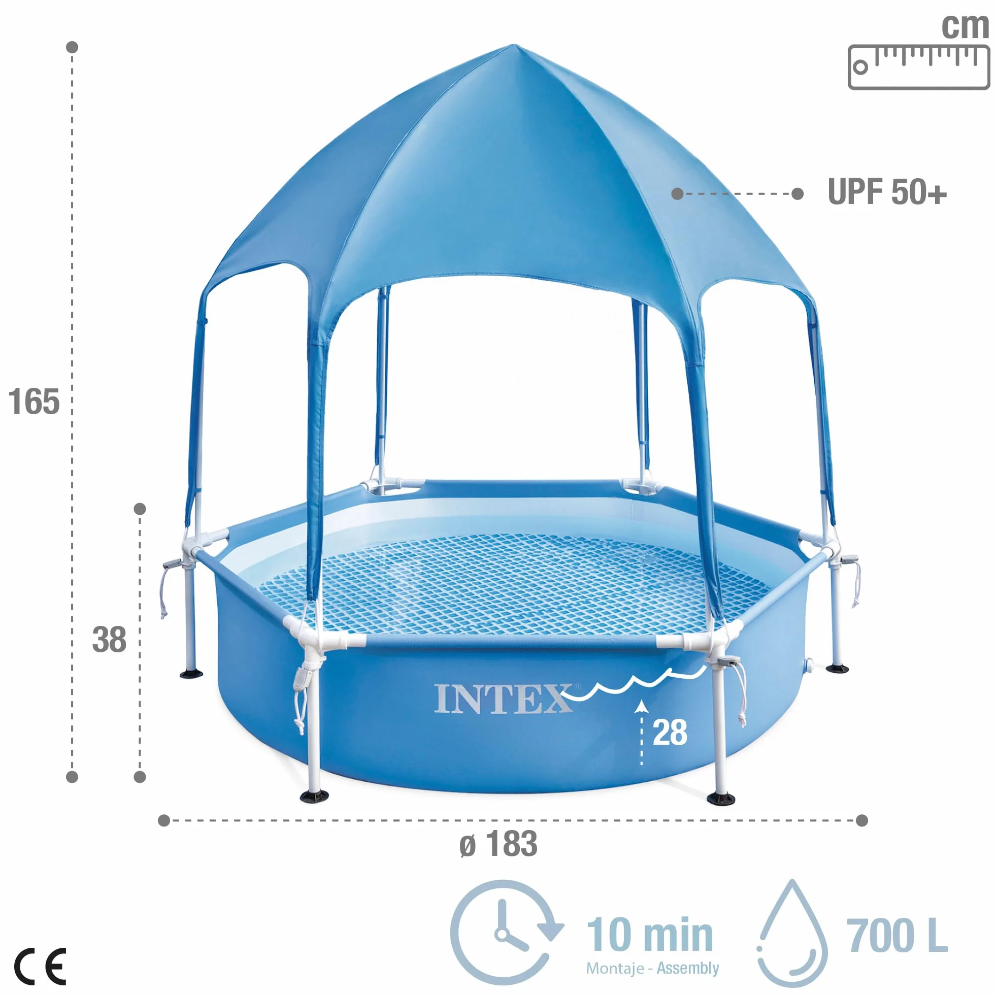 Intex 28209NP – Piscina Fuori Terra Canopy Metal Frame Rotonda, con Tettoia Parasole Removibile e Spruzzino Acqua, 700 L, Acciaio e PVC, Azzurro, 183x38 cm