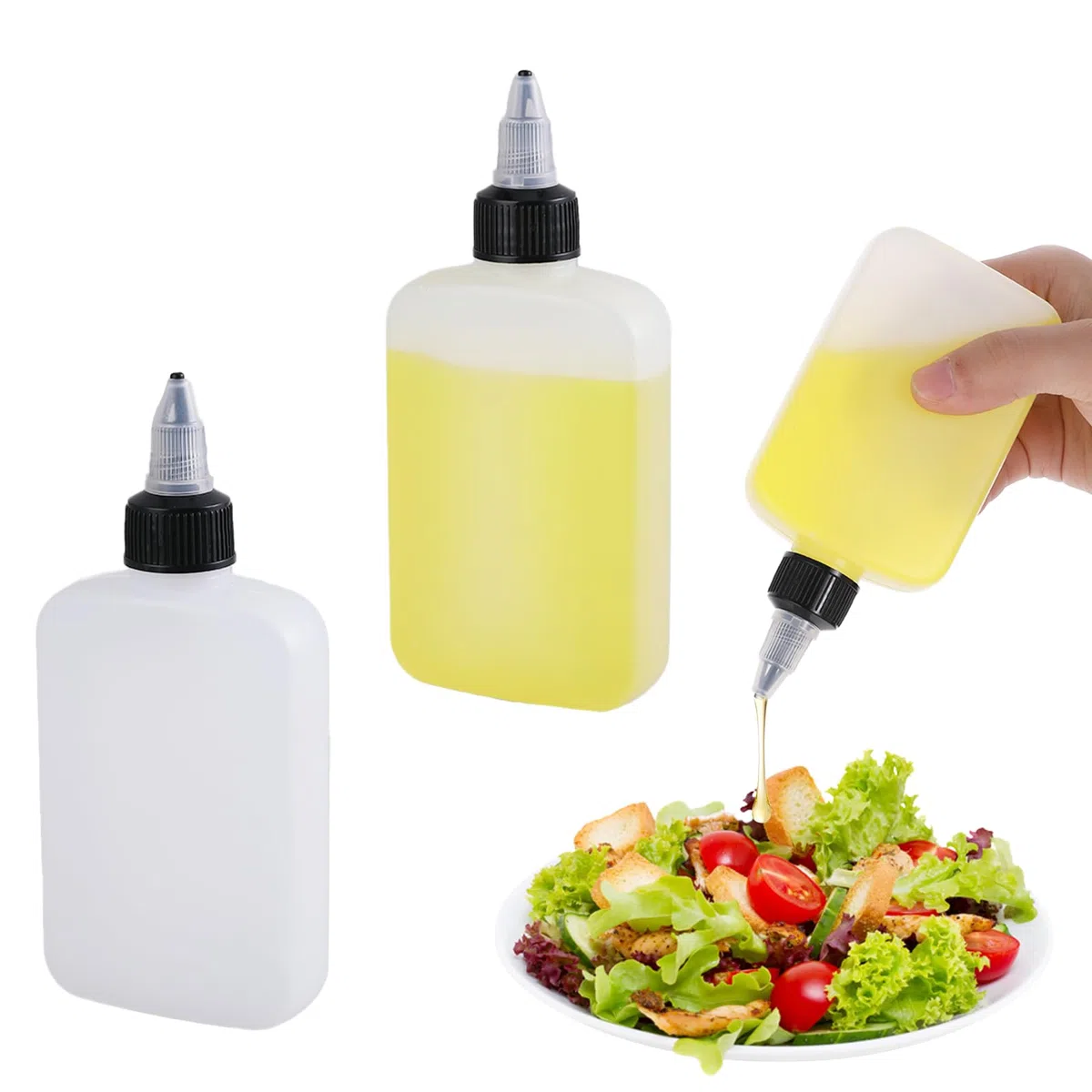 Ptwola 2 piccole bottiglie per condimenti, in plastica, a prova di perdite, ricaricabili, per salse, insalata, olio, ketchup, senape, cucina