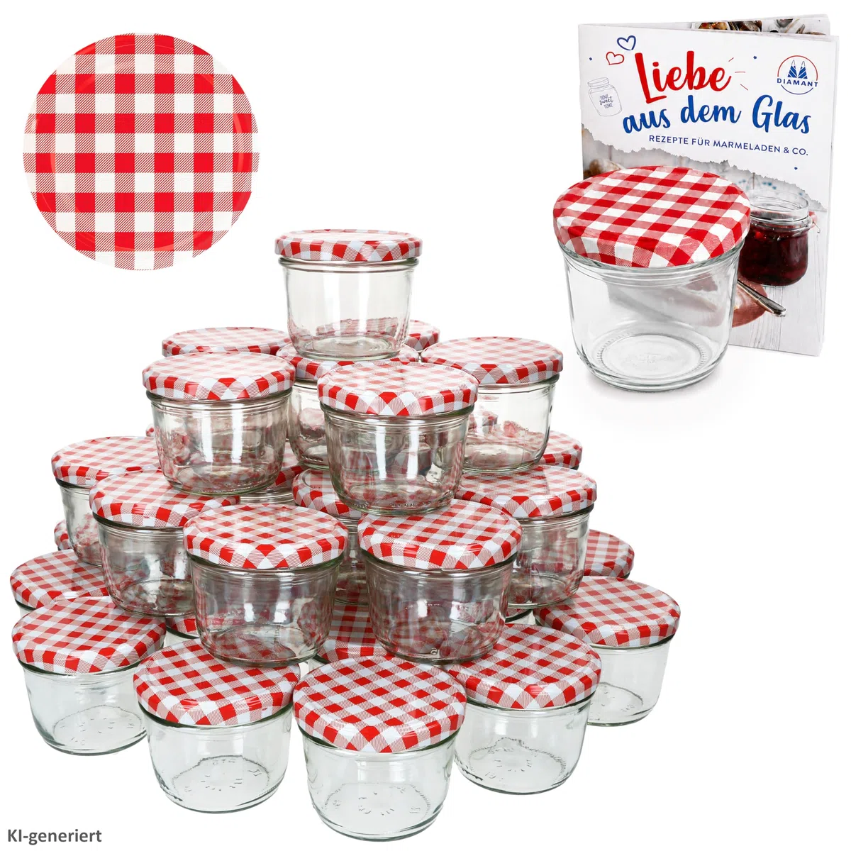 MamboCat - Set di 100 vasetti in vetro per marmellate e conserve da 230 ml, coperchio a vite da 82 mm, decorazione a quadretti rossi Include libro di ricette Diamant-Zucker Gelierzauber (lingua italiana non garantita).