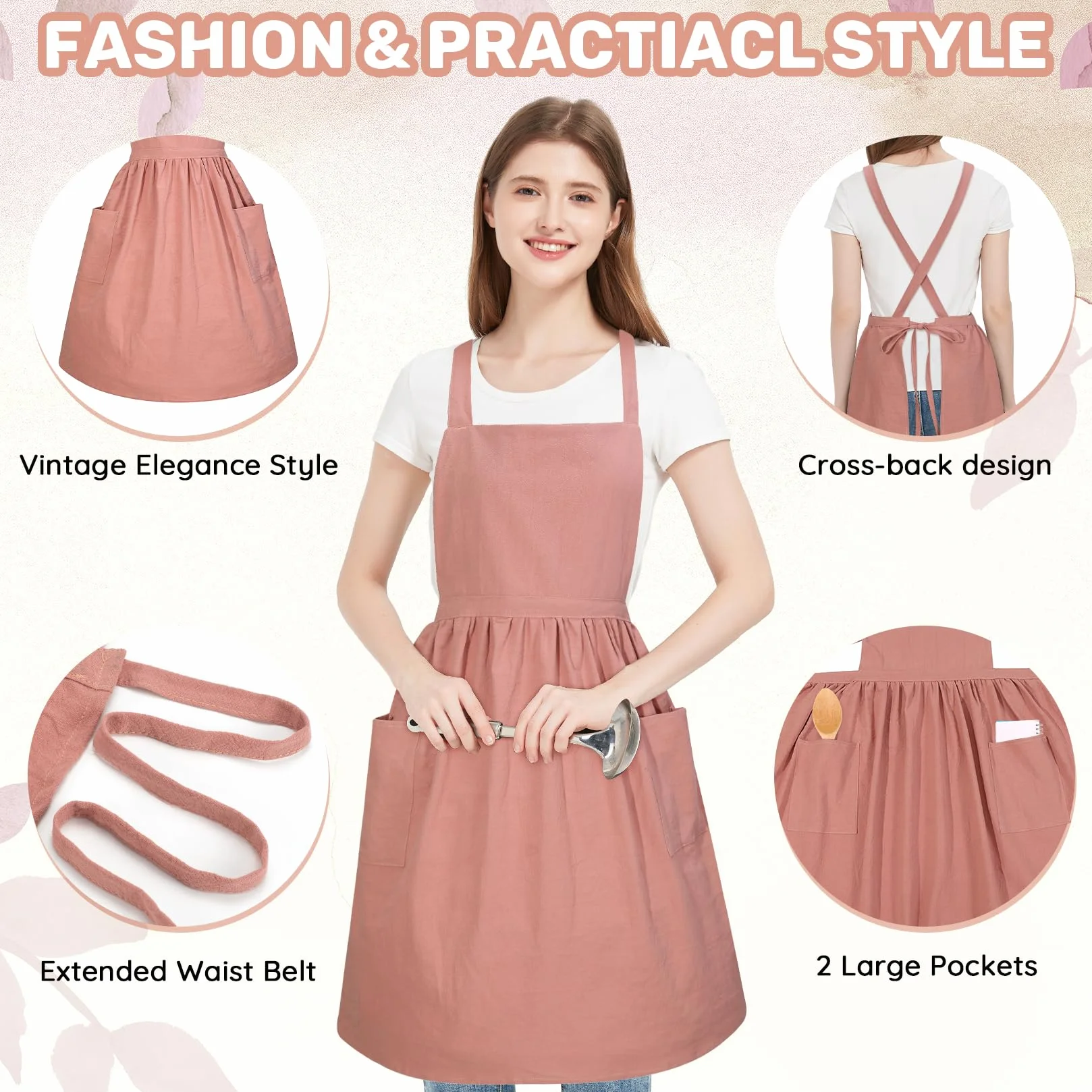 Grembiule Abito con Spalline Incrociate per Donna e Bambina, Grembiule da Chef Vintage in Cotone con Balze e Tasche, Legature Lunghe per Cucina, Giardinaggio, Pittura, Forno e Servizio