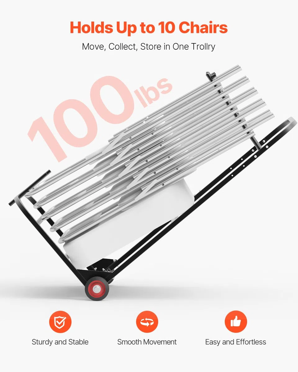 VEVOR Porta Sedie Pieghevole, Capacità 45 kg, Carrello per Sedie Resistente per Appendere 10 Sedie, Carrello Porta Sedie in Metallo Multifunzione con Ruote in Gomma, Supporto per Sedia a Spinta, Nero