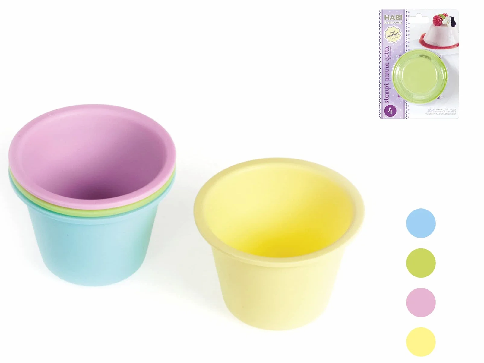 Habi Cake Design Confezione 4 Stampi Panna Cotta, in Silicone, Diametro 9 cm, Altezza 6 cm, Pastello