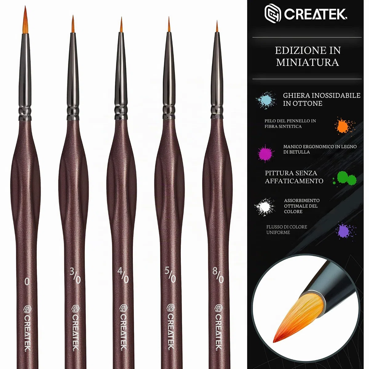 CreaTek - 5 pennelli extra fini per i dettagli [Massima precisione] Pennello per dettagli perfetti pittura acrilica, acquerello, olio | Il set di pennelli n.1 per la pittura nei pennelli da modellismo