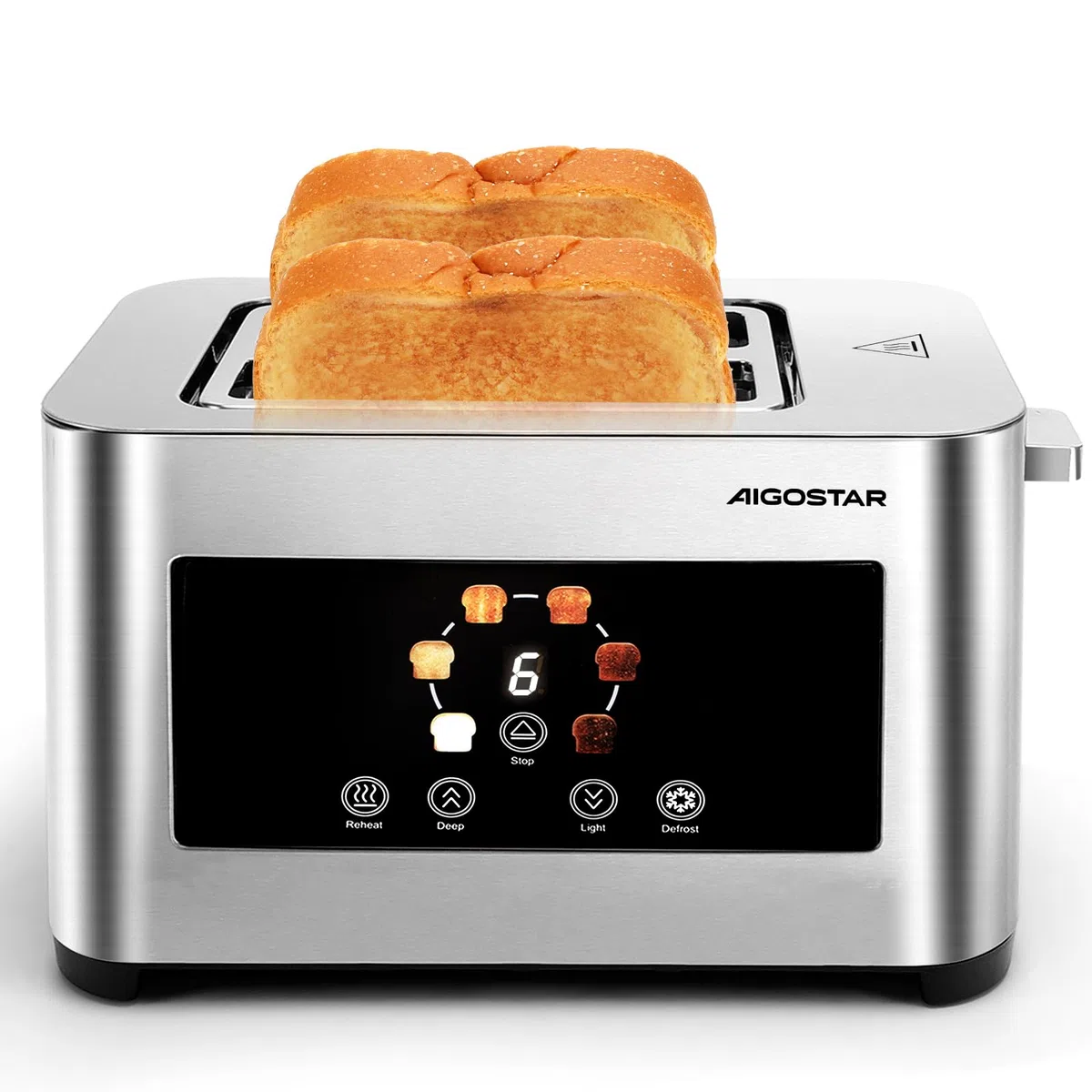Aigostar Tostapane 2 Fette, LED Touchscreen, Fessure Extra Larghe da 4cm e Centratura Automatica, Tostapane con 6 Livelli di Tostatura, Funzioni di Riscaldamento/Scongelamento/Stop, 850W, Acciaio Inox