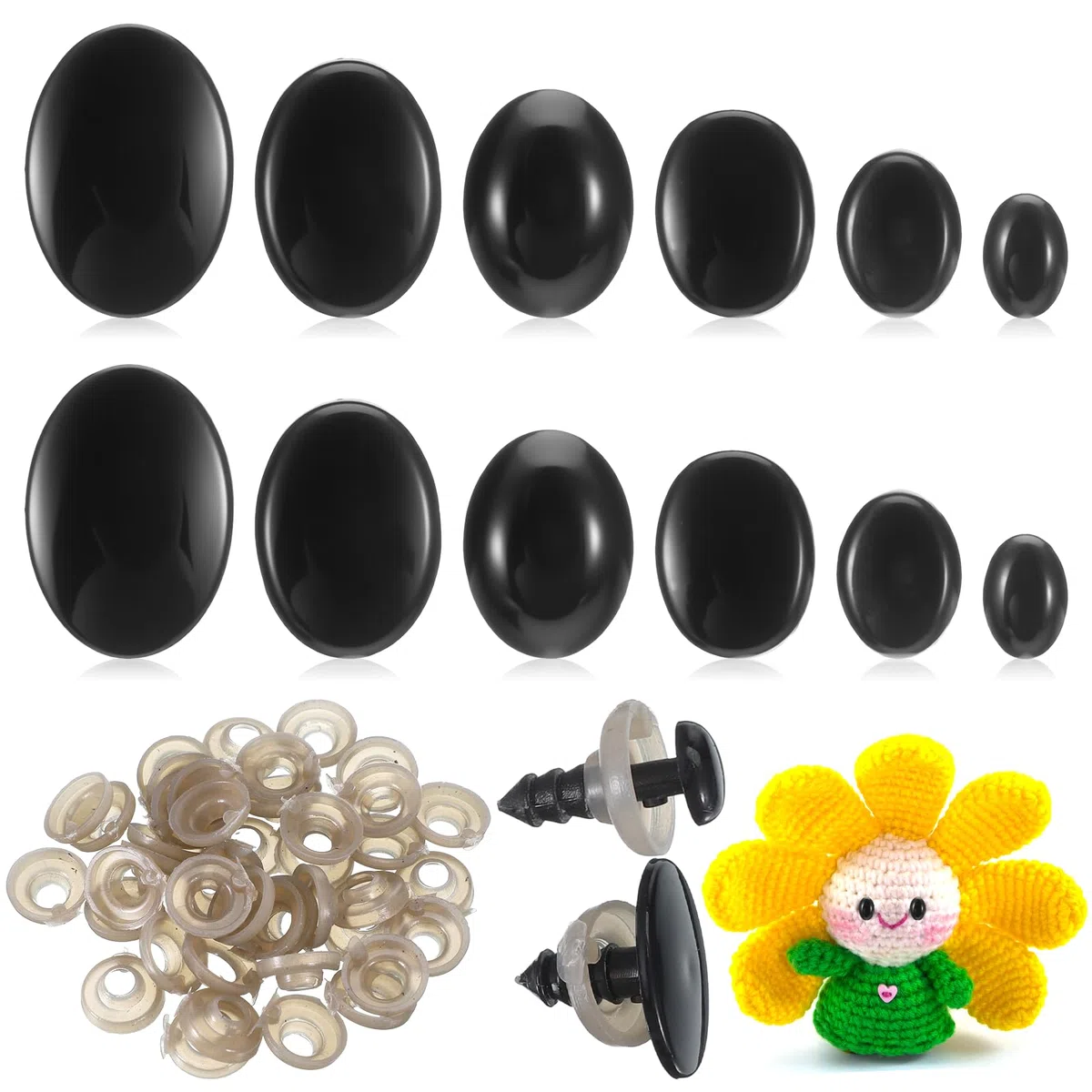 360 occhi e naso di sicurezza, occhi di 6 dimensioni per animali all'uncinetto, occhi di animali di peluche, occhi in resina nera con rondelle