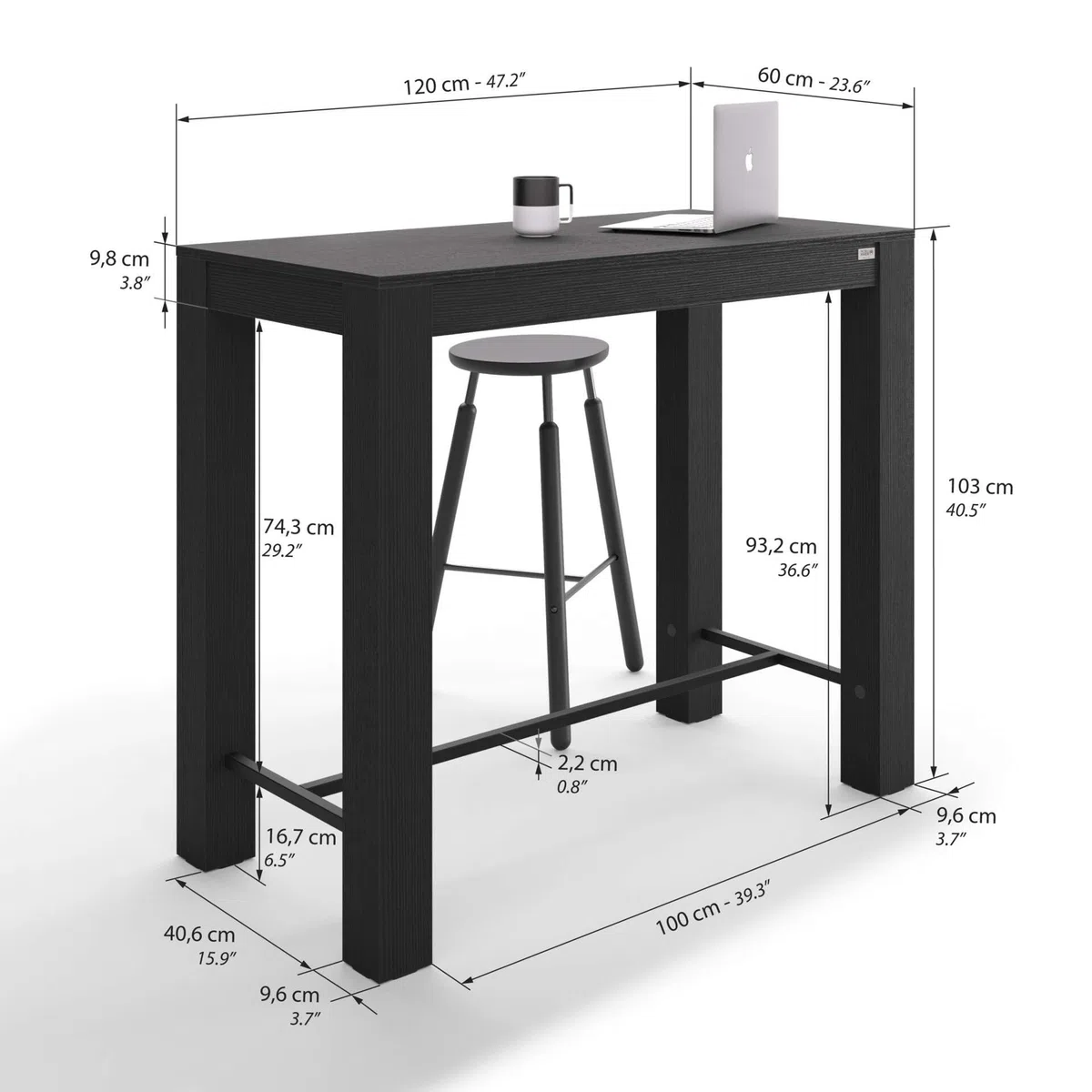 Mobili Fiver, Tavolo Alto Rachele 120x60 cm, Nero Frassino, Made in Italy