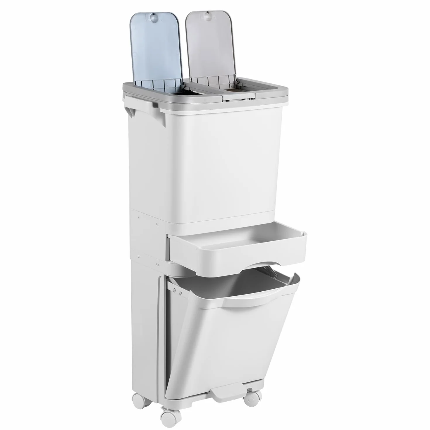 Pattumiera da cucina a 3 scomparti, 42 l, per separare il naso, da cucina con coperchio, pattumiera a pedale con coperchio su ruote, per cucina, appartamento, ufficio, bianco