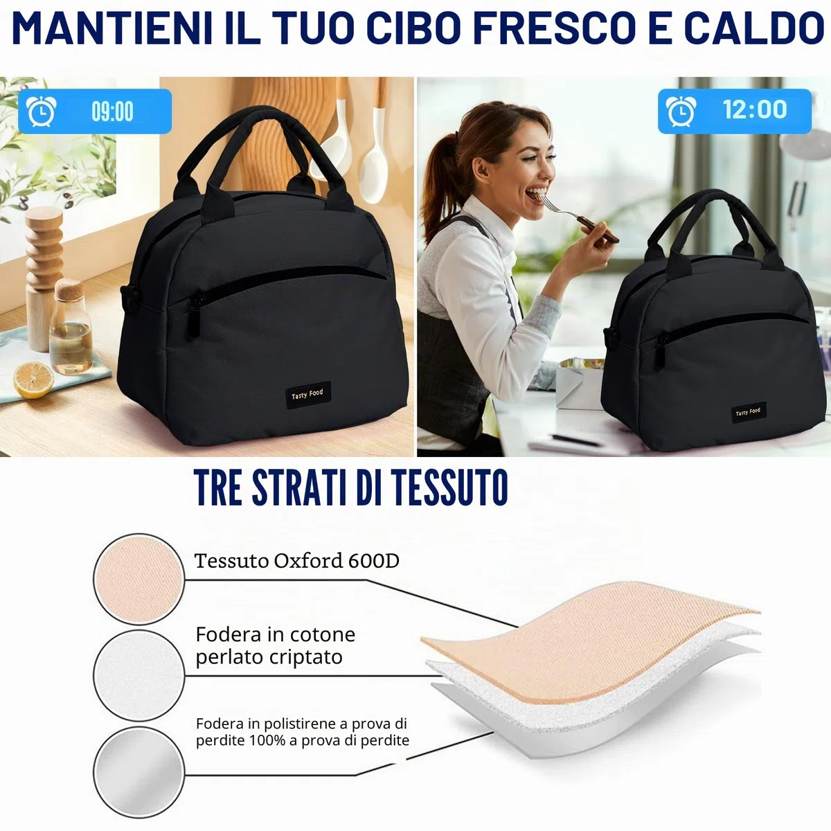 Runmeihe Borsa Termica per Donna, Borsa Porta Pranzo Riutilizzabile con Tracolla, Piccole Lunch Bag Impermeabili per Adulti per Lavoro Viaggio Picnic Scuola (BLACK)