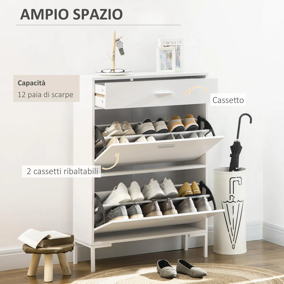 HOMCOM Mobile Portascarpe, Scarpiera Moderna per 12 Paia di Scarpe con 2 Ante a Ribalta e Cassetto, in Truciolato, MDF e Metallo, 75x26x110 cm, Bianco