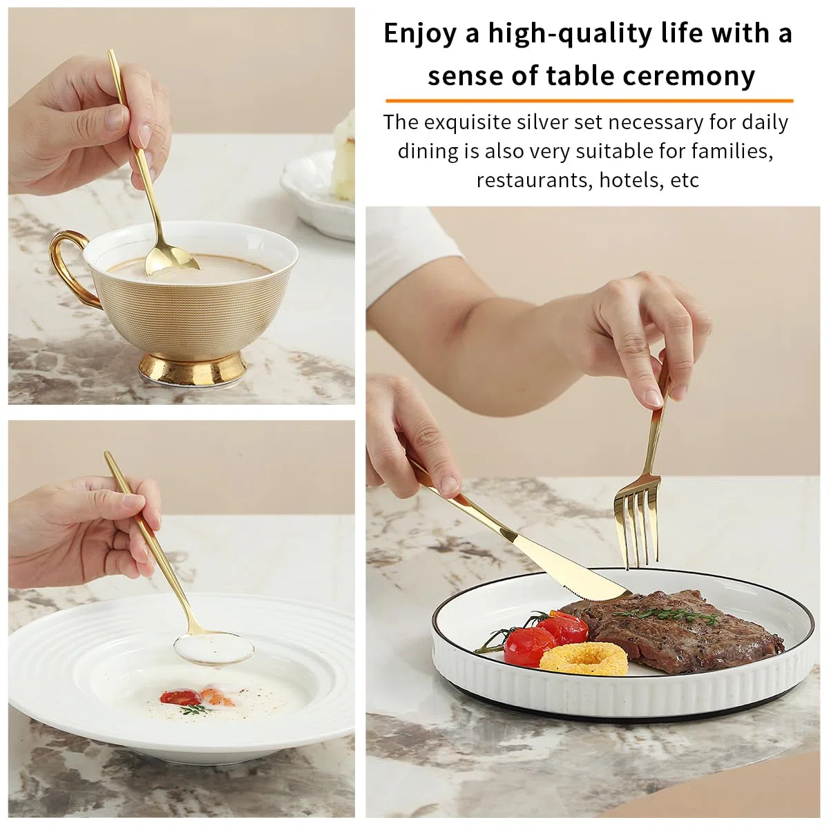 Evanda Set di Posate oro 60 pezzi per 12, set di posate in acciaio inox placcato oro al titanio, set di coltelli, forchette, cucchiai e posate per matrimoni, sale da pranzo, lavabile in lavastoviglie