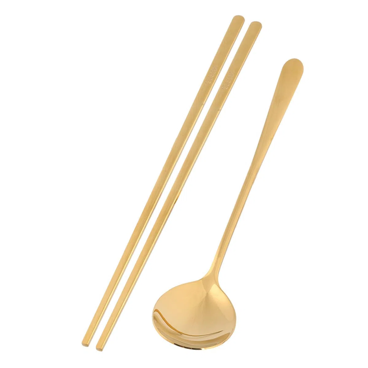 Set di Bacchette Coreane e Cucchiai Piatti in Acciaio INOX - Riutilizzabili in Metallo Con Manico Lungo - Set Oro Portatile per Cucina