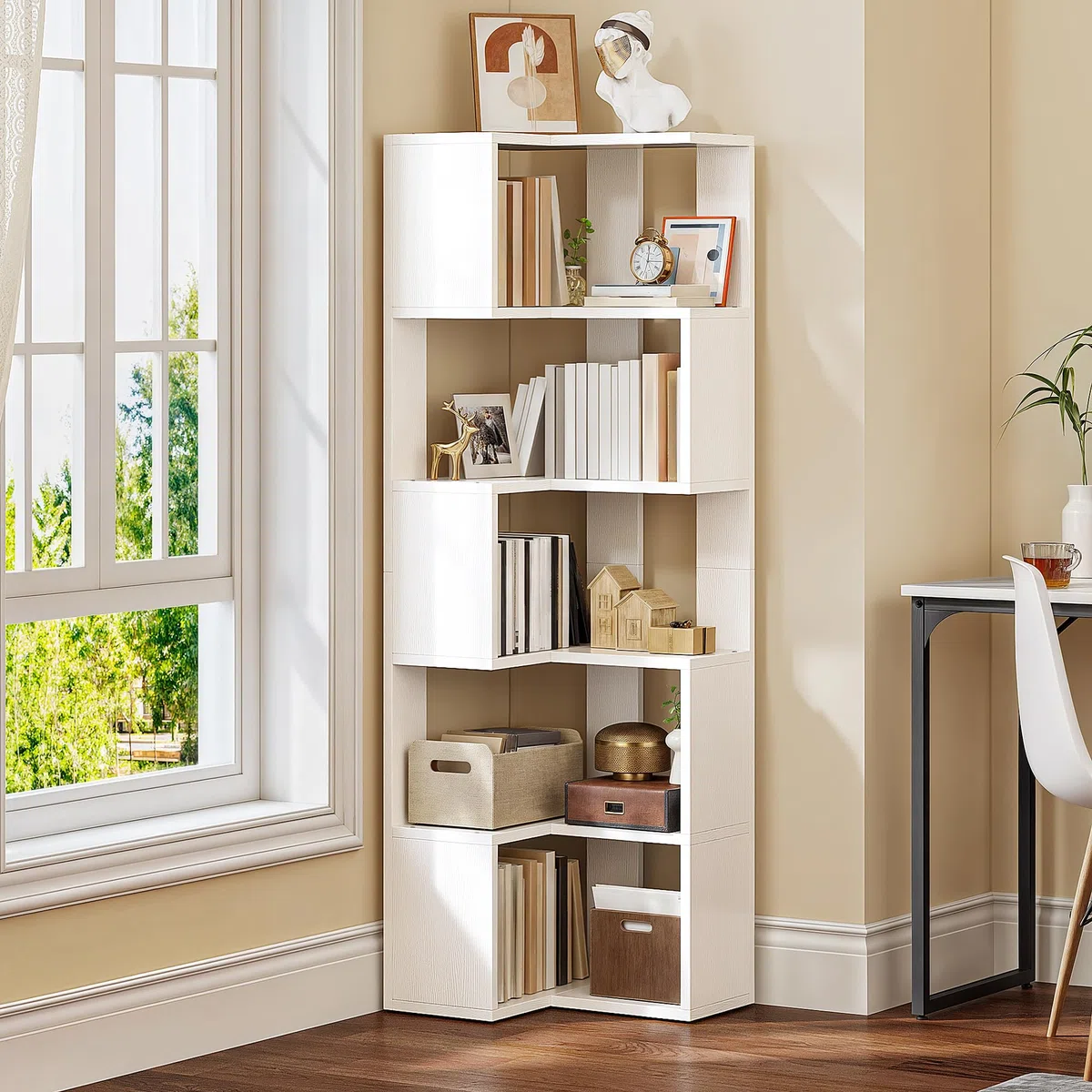 YITAHOME Libreria, scaffale angolare a 6 ripiani, scaffale a forma di L, libreria da pavimento, scaffale da esposizione per soggiorno, camera da letto, casa, ufficio, studio, 50 x 39 x 150 cm, bianco