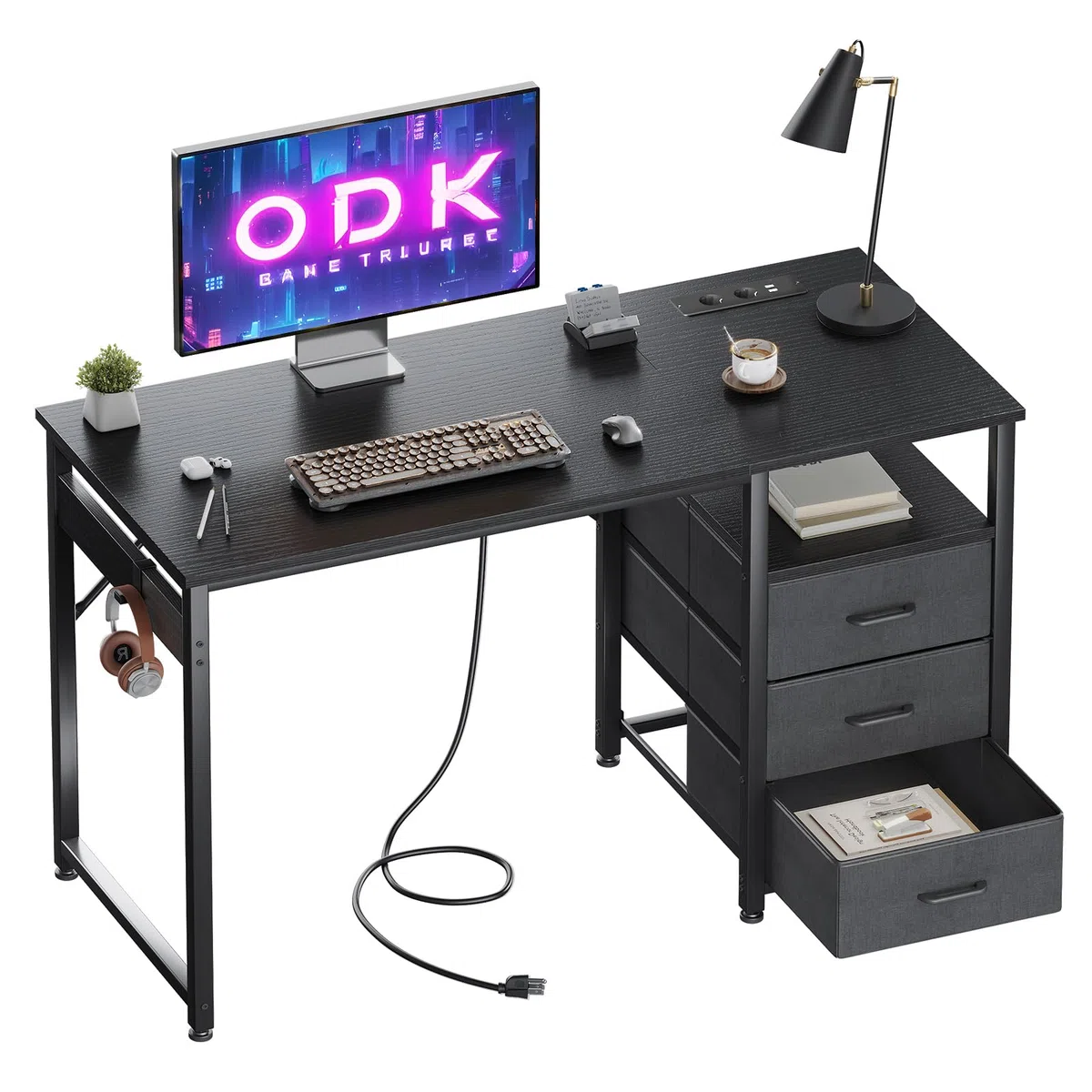 ODK Scrivania con 3 Cassetti, 120x48x75,5 cm Scrivania per Ufficio con 2 Prese di Corrente e Prese USB, Scrivanie PC Reversibili Scrittoio Scrivanie per Computer Domestico, bureau, Nero