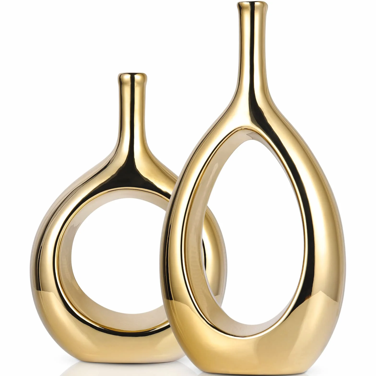 Set di 2 Vasi Moderni Decorativi in Ceramica Placcato Oro, Vaso Dorato con Design Aperto Centrale, Centrotavola Elegante per Soggiorno, Sala da Pranzo, Camera da Letto e Ingresso - Altezza 30.5 cm