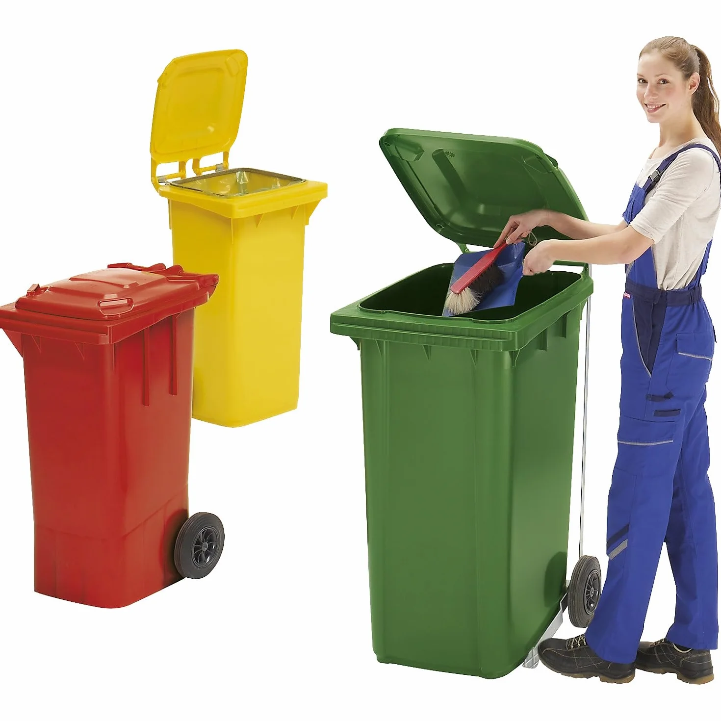 EUROKRAFT pro | Bidone per rifiuti in plastica DIN EN 840 | capacità 240 l | largh x alt x prof 580 x 1100 x 740 mm | verde