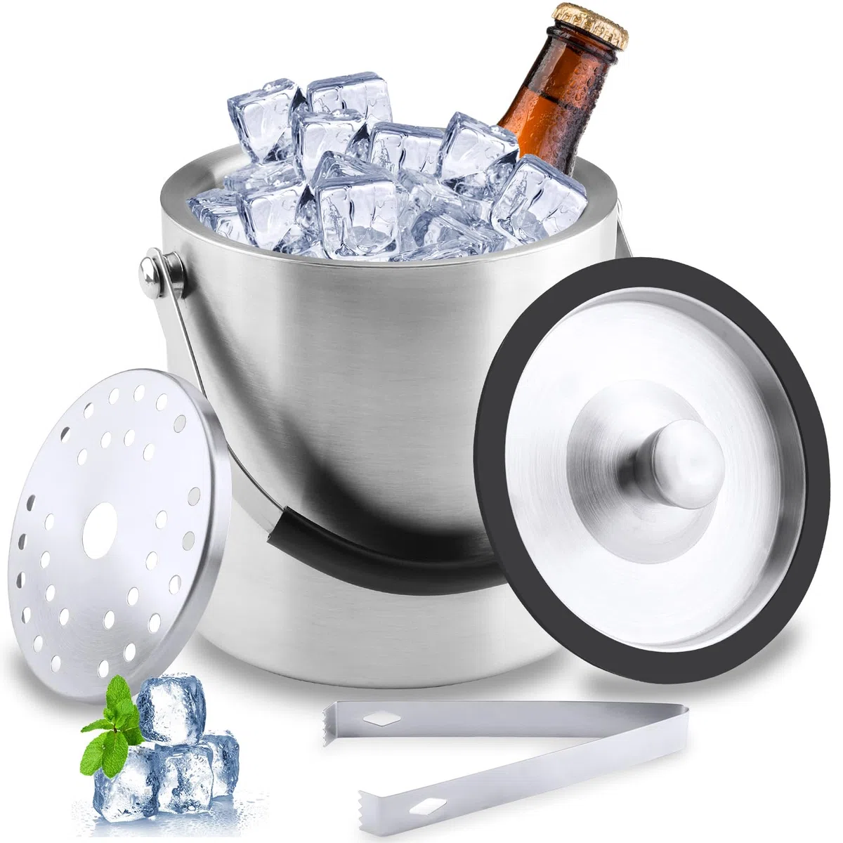 1.6L Secchiello Ghiaccio, Secchiello Ghiaccio Vino Acciaio Inox a Doppia Parete Isolante, Porta Ghiaccio con Coperchio, Pinze e Filtro, per Champagne, Contenitore per Ghiaccio, Bar, Cocktail