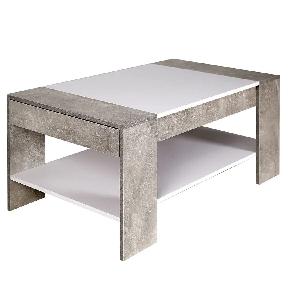 BAKAJI Tavolino Divano Tavolo Caffè da Salotto Rettangolare Design Moderno in Legno MDF con Ripiano Inferiore e Cassetto a Scomparsa Dimensione 100 x 58 x 44 cm Colore Grigio Effetto Cemento