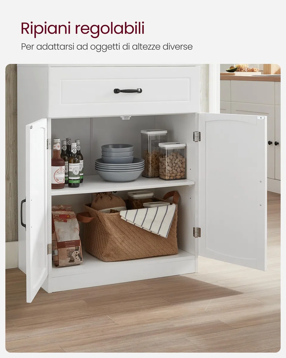 VASAGLE Credenza Alta Cucina, Dispensa Mobile da Cucina con Ante in Vetro e Ripiani Regolabili, Cassetto, Foro per Cavi, per Microonde, Stile Moderno, Bianco LSC361W21
