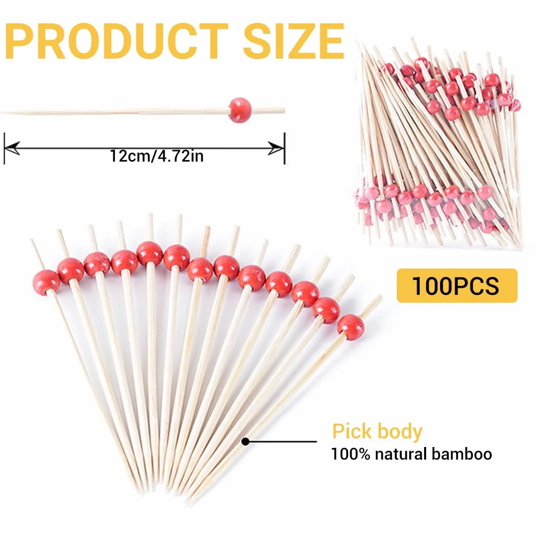 12cm stuzzicadenti cocktail, 100 pezzi, bastoncini da cocktail legno, con perline rosse, stecchini per aperitivo,stuzzicadenti decorativi,per bar,feste di carnevale,feste decorativi