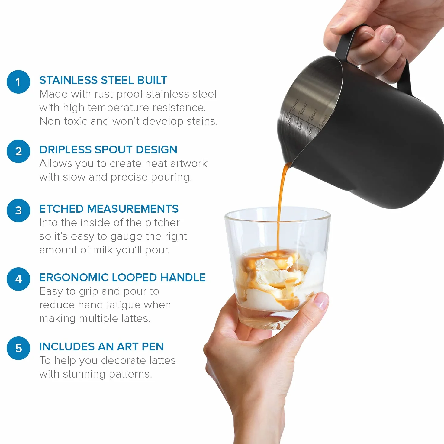 Joeji's Kitchen Bricco Latte 600 ml - Acciao Inox - Lattiera schiuma con penna Latte Art - Bricco latte professionale per caffè cioccolata espresso e altro - Nero