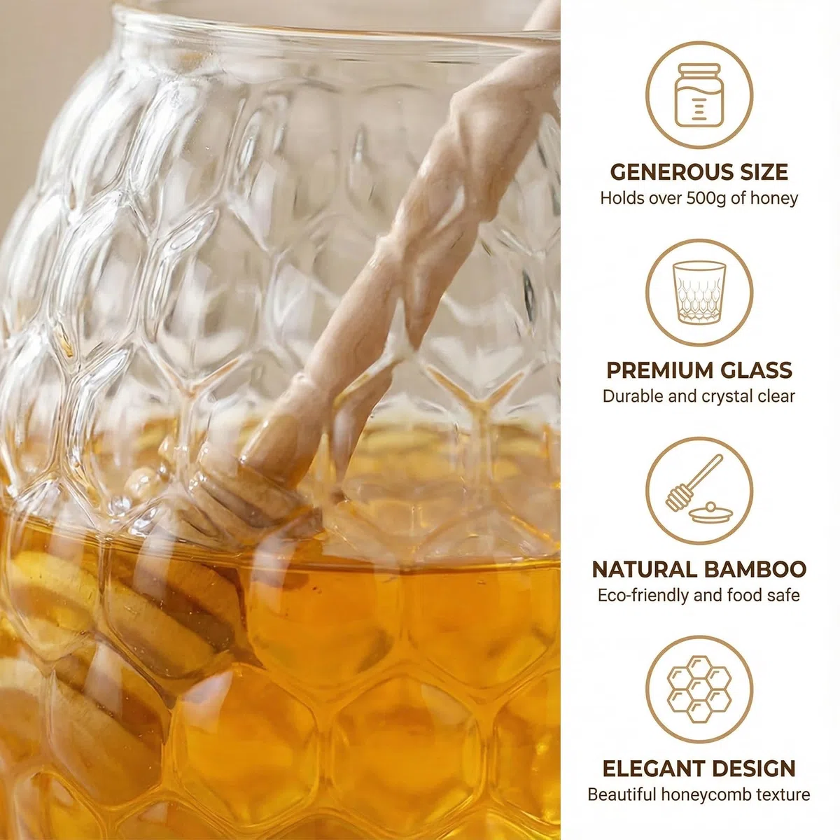 Vasetto per Miele Vetro con Coperchi Bastoncino Cucchiaio e Vassoio, 550 ml Trasparente Dosatore Miele per Cucina, Honey Pot a Bocca Larga, Contenitore in Vetro per Conservare e Sciroppo