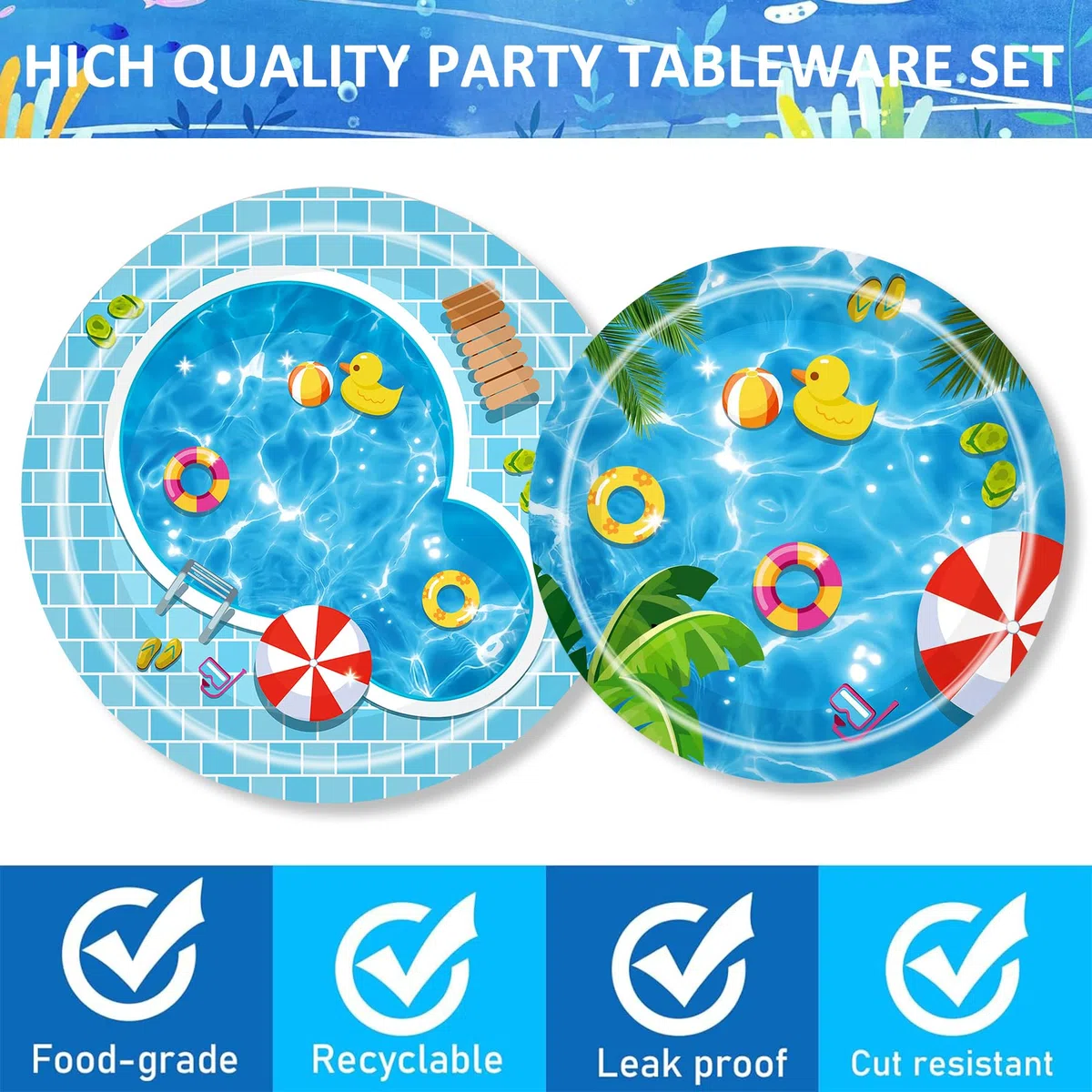 Jiahuade Set di stoviglie estive per feste in piscina, 50 pezzi, stoviglie per feste in piscina, tovaglioli, piatti di carta, bicchieri, stoviglie per 10 ospiti