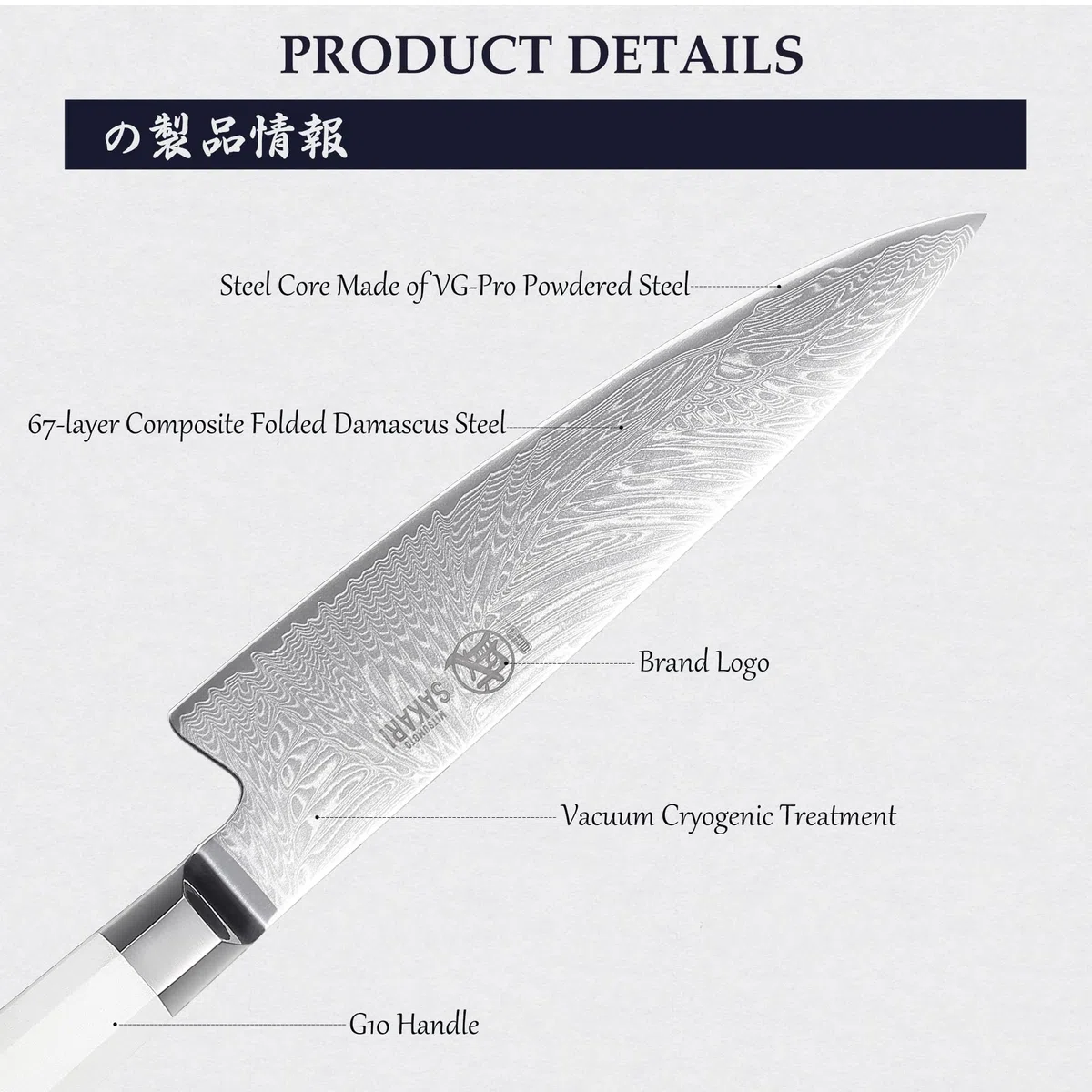 MITSUMOTO SAKARI Coltello da Cucina Giapponese Damasco, 8 Pollici - Lama in Acciaio VG-Pro Estremamente Affilato, Taglio Preciso per Carni e Verdure, Manico Ergonomico G10 con Presa Comfort