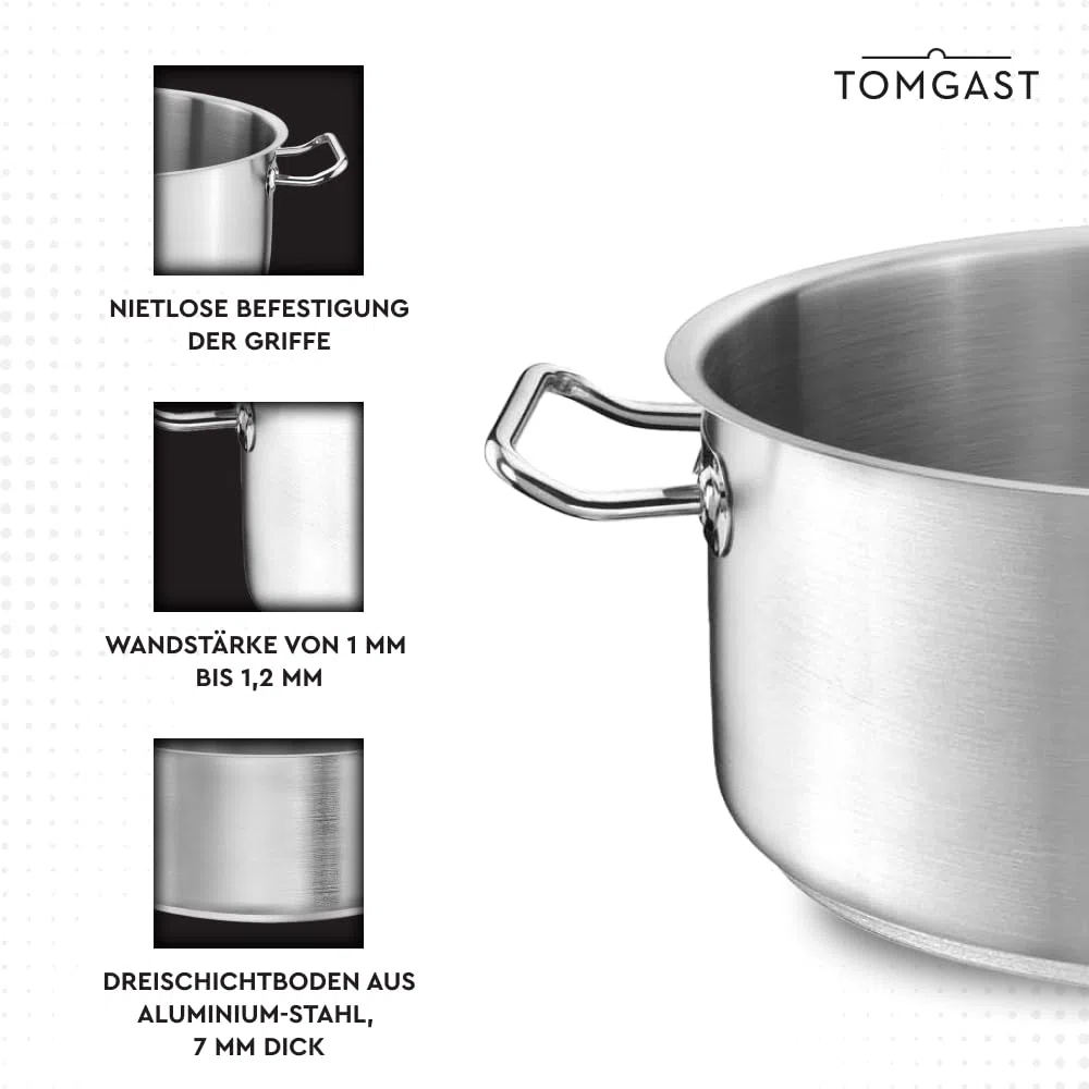 Tegame TOMGAST Diametro: 28 cm Altezza: 12 cm Capacità: 7 l | Acciaio inossidabile 18/10 | Spessore delle pareti da 1 mm a 1,2 mm | Fondo in alluminio-acciaio battuto | Induzione