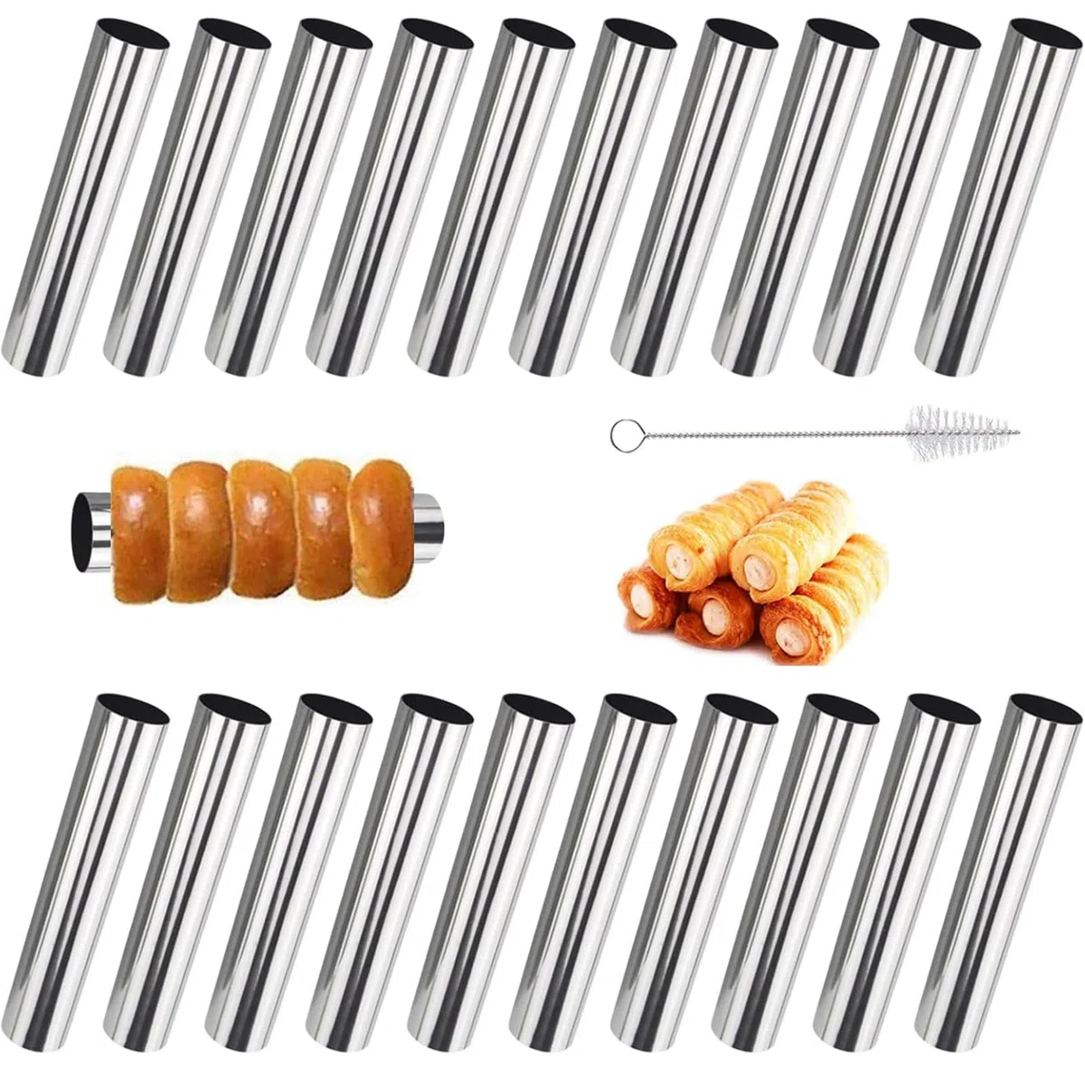 20 Pack Cannoli Tubi in acciaio inox, Stampi per Cannoli in Acciaio Inossidabile Forma Tubi Rotolo di Crema Stampo per Cornetto Cono con spazzola per la pulizia