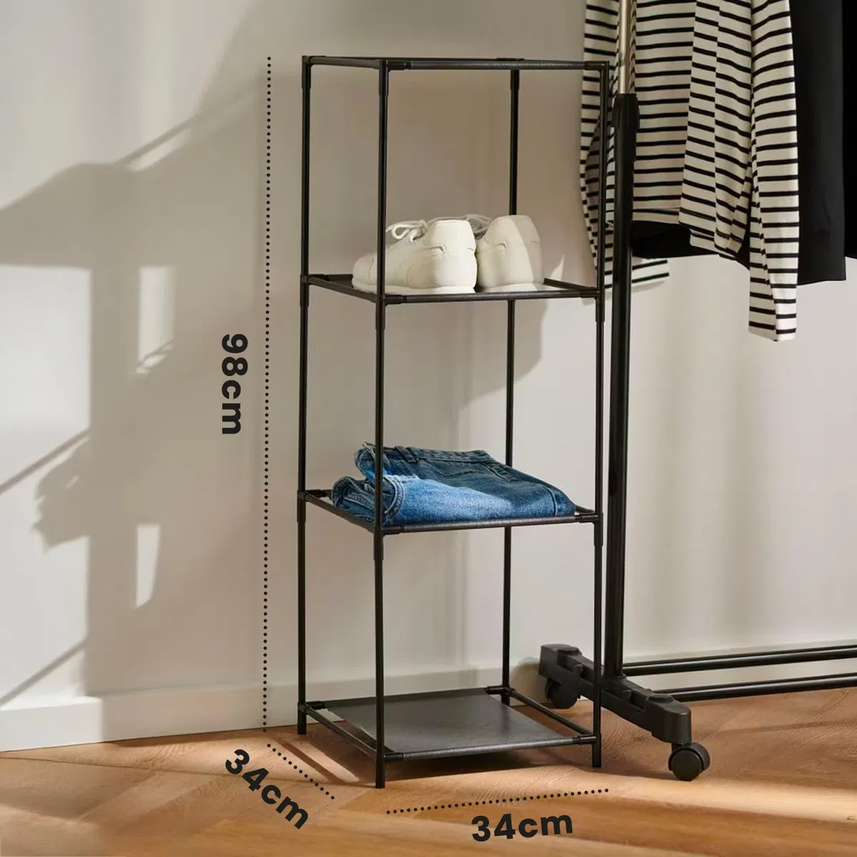 Wintem Scaffale Salvaspazio 3 Ripiani in Stoffa - Set di 2 Scaffali Modulari 34x34x98 cm - Libreria Multiuso per Casa e Ufficio, Leggera e Resistente, Perfetta per Bagno, Cucina e Soggiorno, Grigio