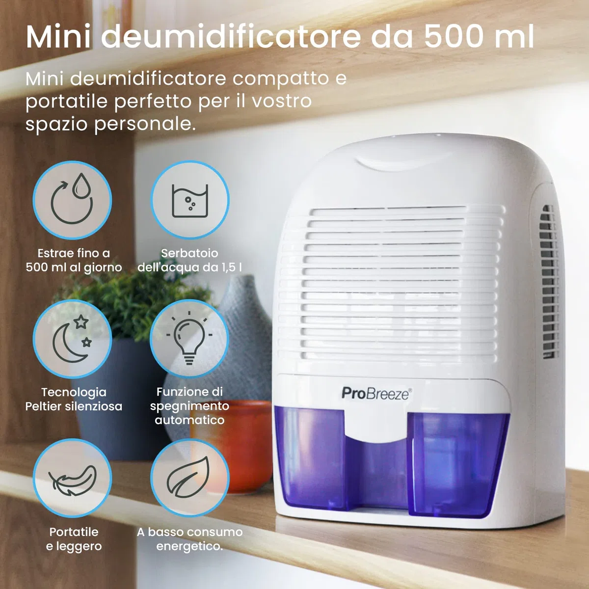 Pro Breeze Mini Deumidificatore Portatile da 1500ml per Umidità e Muffa in Casa, Cucina, Camera da Letto, Roulotte, Ufficio e Garage