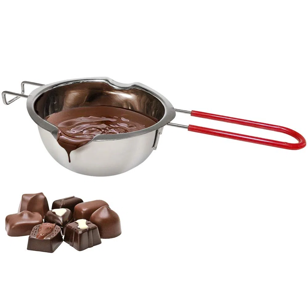 Contenitore per fondere il cioccolato in acciaio inox 18/8 con doppio beccuccio, manico resistente al calore, fondo piatto, ideale per sciogliere il burro, 480 ml argento.