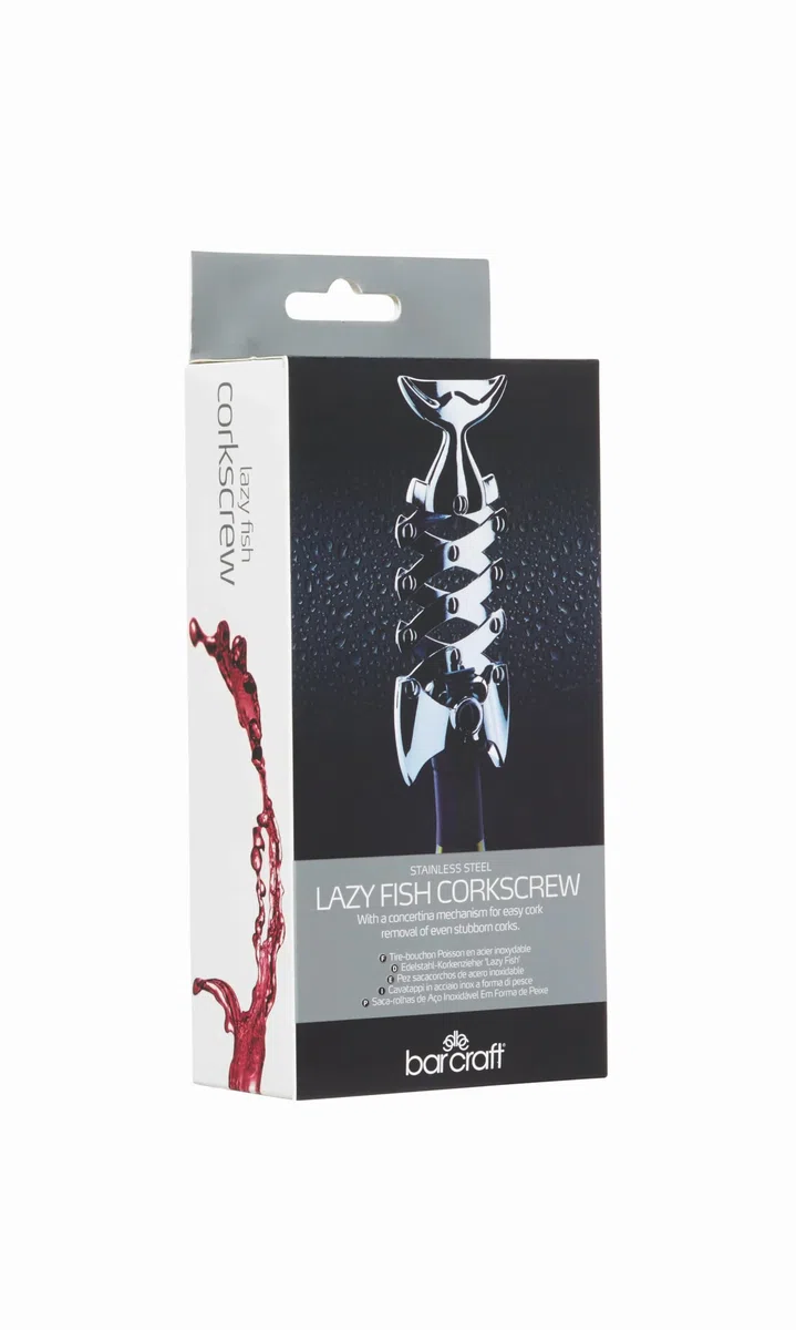 BarCraft Lazy Fish Cavatappi e Apribottiglie, Apribottiglie in Acciaio Inossidabile, 16,5 x 7,5 x 4,5cm, Argento