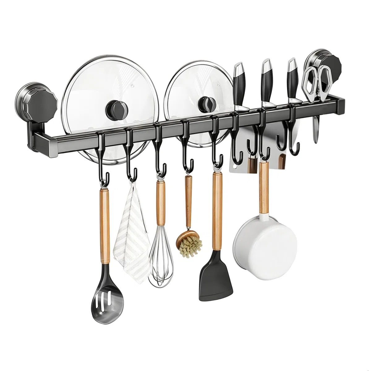 Barra Portautensili Cucina, Porta Utensili Cucina Senza Forare, Appendi Mestoli Doppia Barra a Ventosa, 8 Ganci, 40 cm, Portata 20 kg, Barra a Gancio Rimovibile per Cucina e Bagno