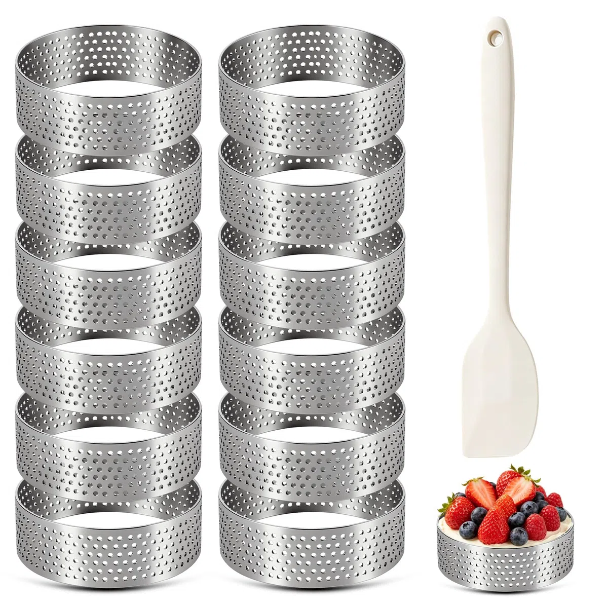 12 Pezzi Anello Microforato Crostata, Coppapasta Tondi 6 cm, Stampo Crostata Microforato in Acciaio Inox, Anello per Torte con Spatola per Torte, per Muffin, Ciambelle, Budini