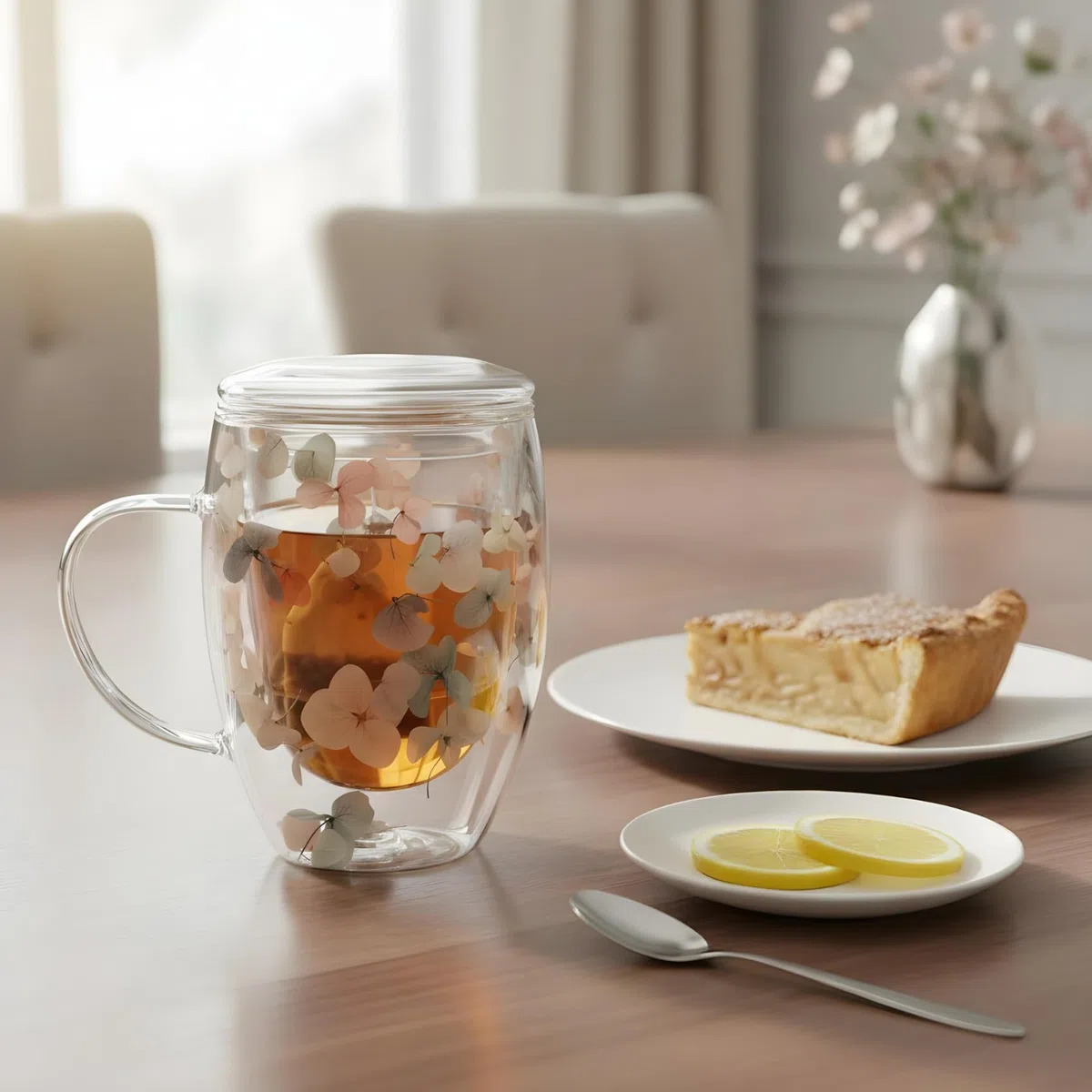 Tazza da te con infusore e coperchio in vetro a doppie pareti, con fiori, 320ml, lavabile in lavastoviglie, per tisane