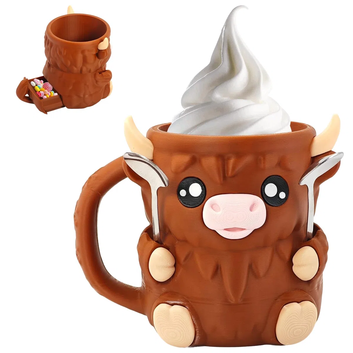 Highland Cow - Porta gelato con stampa 3D, con cassetto e 2 cucchiai, motivo: mucca delle Highland, regalo per gli amanti, 473 ml