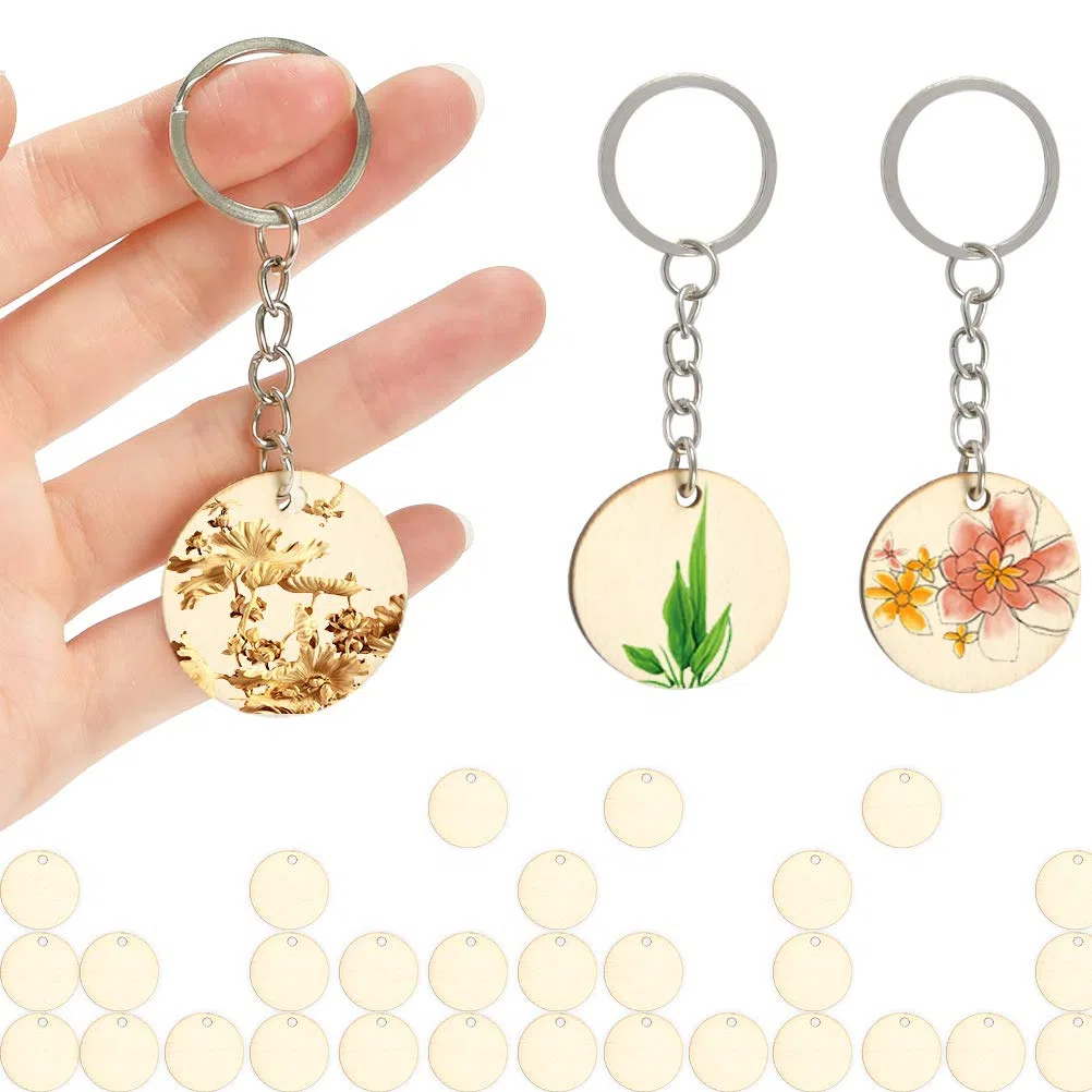 FOCCTS Fette di legno rotonde da 100 pezzi con anelli portachiavi da 100 pezzi adatti per artigianato, scrapbooking, ornamenti, progetti personalizzati