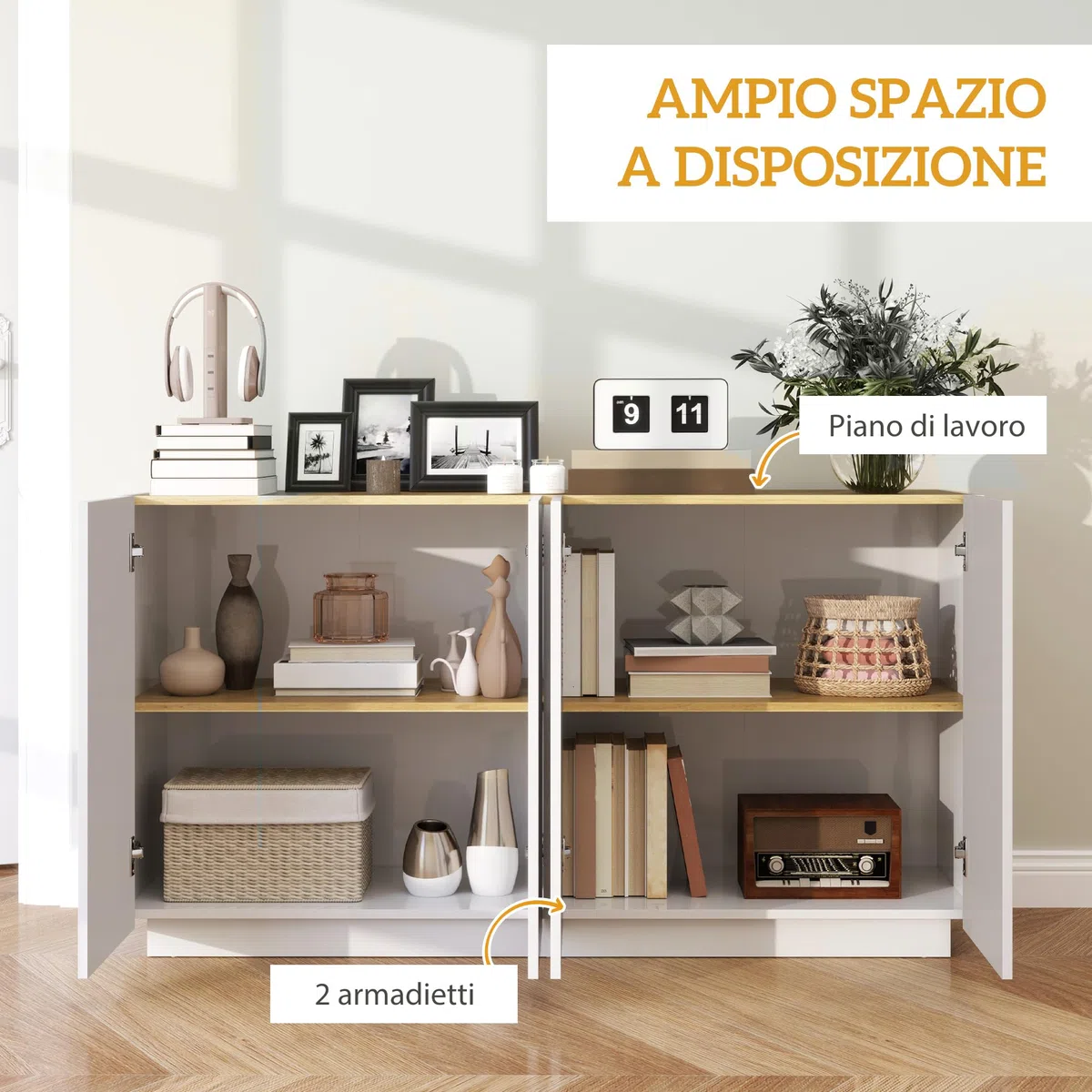 HOMCOM Credenza Soggiorno con Armadietti a 2 Ante, Madia Soggiorno Moderna con Ripiani Regolabili e Chiusura Ammortizzata, per Sala da Pranzo e Soggiorno e Salotto, 140x40x75 cm, Bianco Lucido