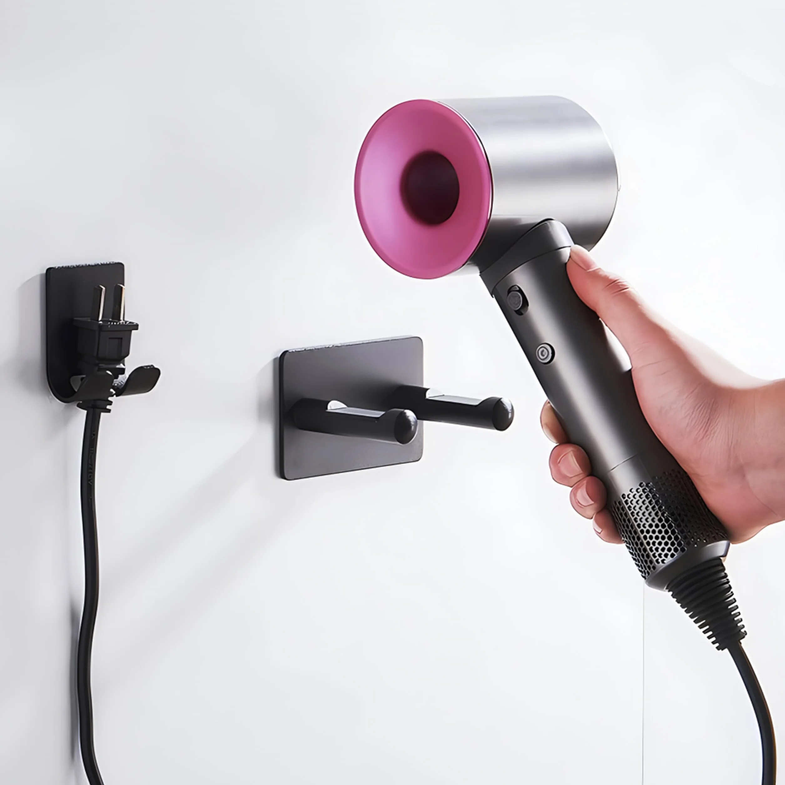 Supporto per Asciugacapelli, Porta Phon da Muro, Porta Asciugacapelli a Parete da Fissare Senza Trapano, Adatto per la Maggior Parte degli Asciugacapelli (Nero)