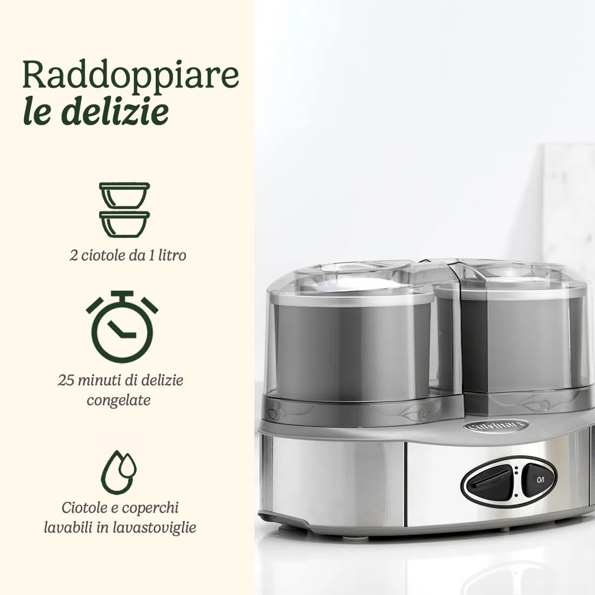 Cuisinart Duo Ice Cream Maker | Sforna 2 gusti contemporaneamente | 2 x 1L Macchina per gelati e gelati fatti in casa | Sorbettiera | Gelatiera | Yogurtiera | Grigio