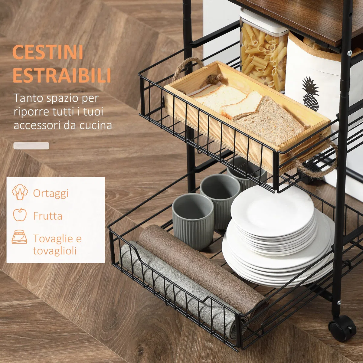 HOMCOM Carrello da Cucina Portavivande Stile Industriale con 4 Ruote, 2 Cestini e 4 Ganci, 60x38x85.5cm, Marrone Nero