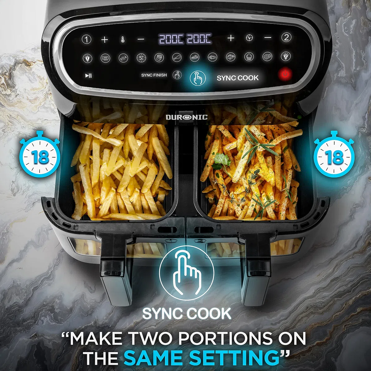 Duronic AF24 Friggitrice ad aria 2400W | Capacità 10 L per tutta la famiglia | Schermo touch e luce interna | 10 programmi di cottura, | Senza olio | Funzioni doppia cottura e finitura sincronizzata