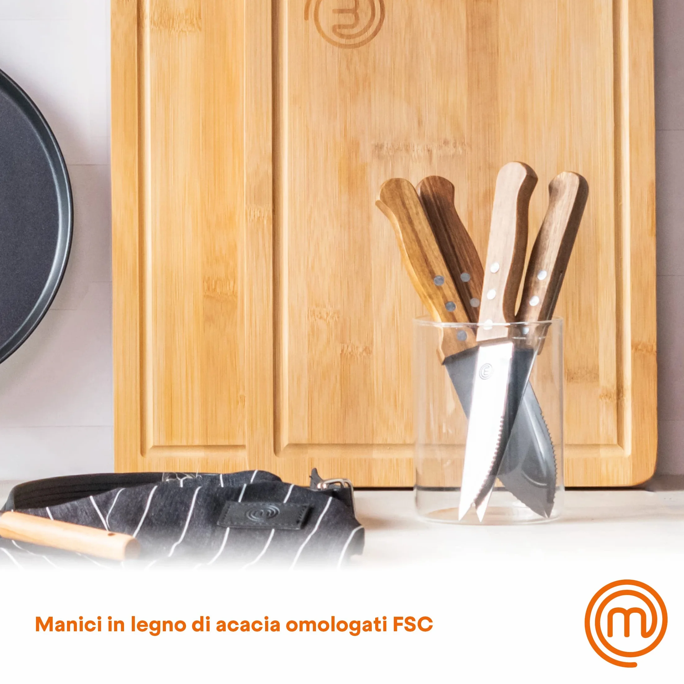 MasterChef Coltelli da Bistecca, Coltello Carne, Seghettato, Fiorentina Set da Cucina Professionali, Prova di Calore, Manici in Legno, Acciaio Inossidabile, Lavabile in Lavastoviglie, 4 Pezzi