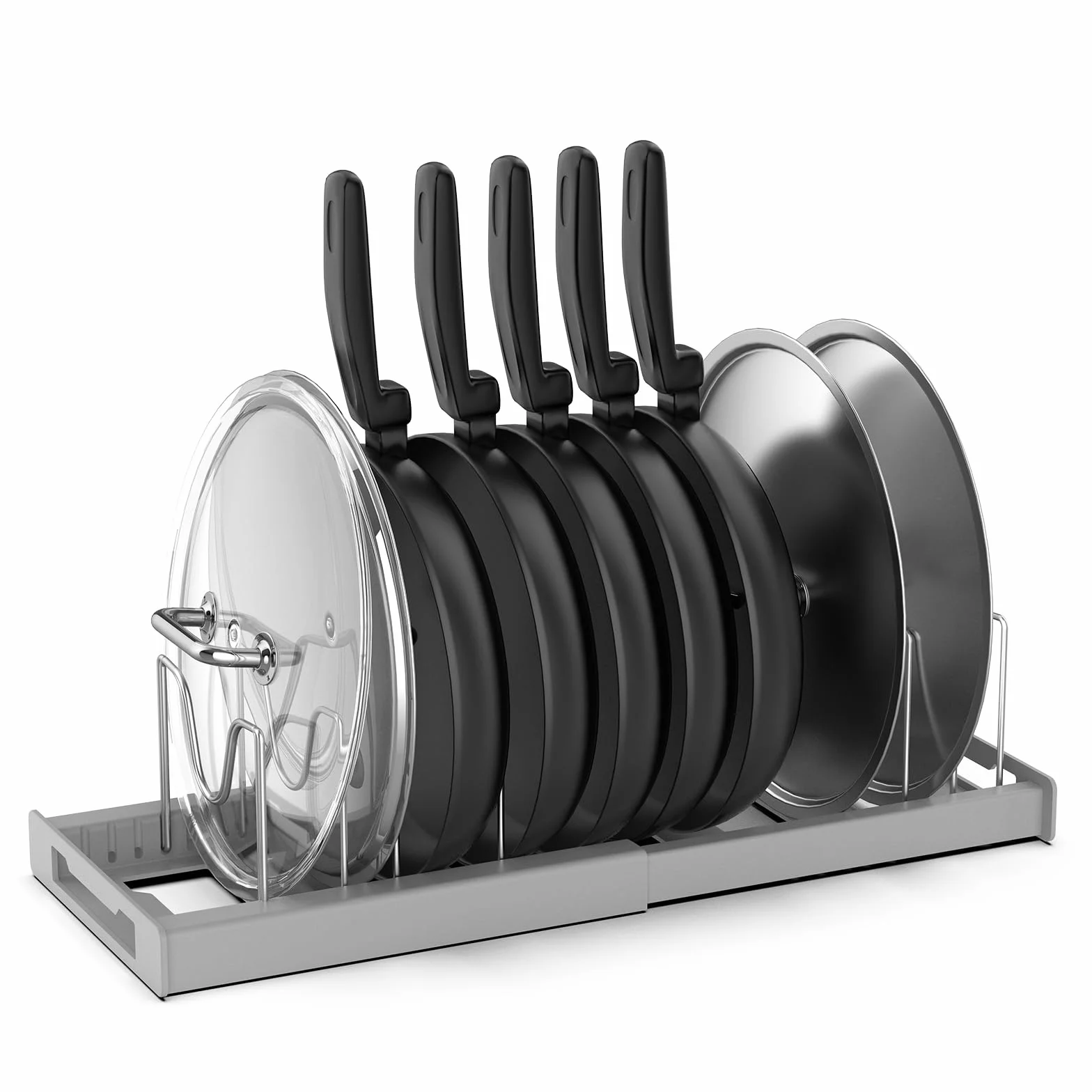 Porta Coperchi Pentole Salvaspazio, Organizer per Padelle con 7 Regolabili di Acciaio Inossidabile Porta Padelle Salvaspazio per Utensili da Cucina - Grigio