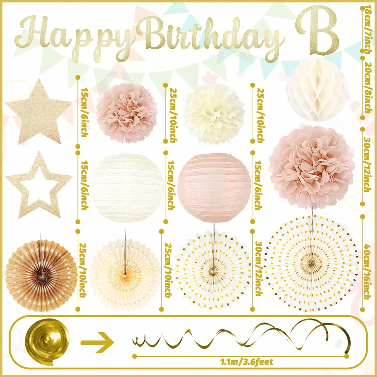 Decorazioni per feste di compleanno in oro champagne – 29 pezzi beige crema retrò decorazioni autunnali per donne e ragazze: striscioni Happy birthday, strisce di carta, pompon – ZERODECO