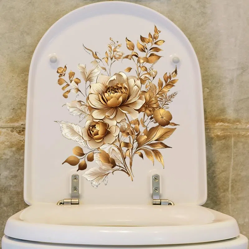 Adesivi per copriwater con fiori di peonia dorata, pesce uccello fiore foglia impermeabile coperchio del water decalcomanie cisterna adesivo da parete per bagno