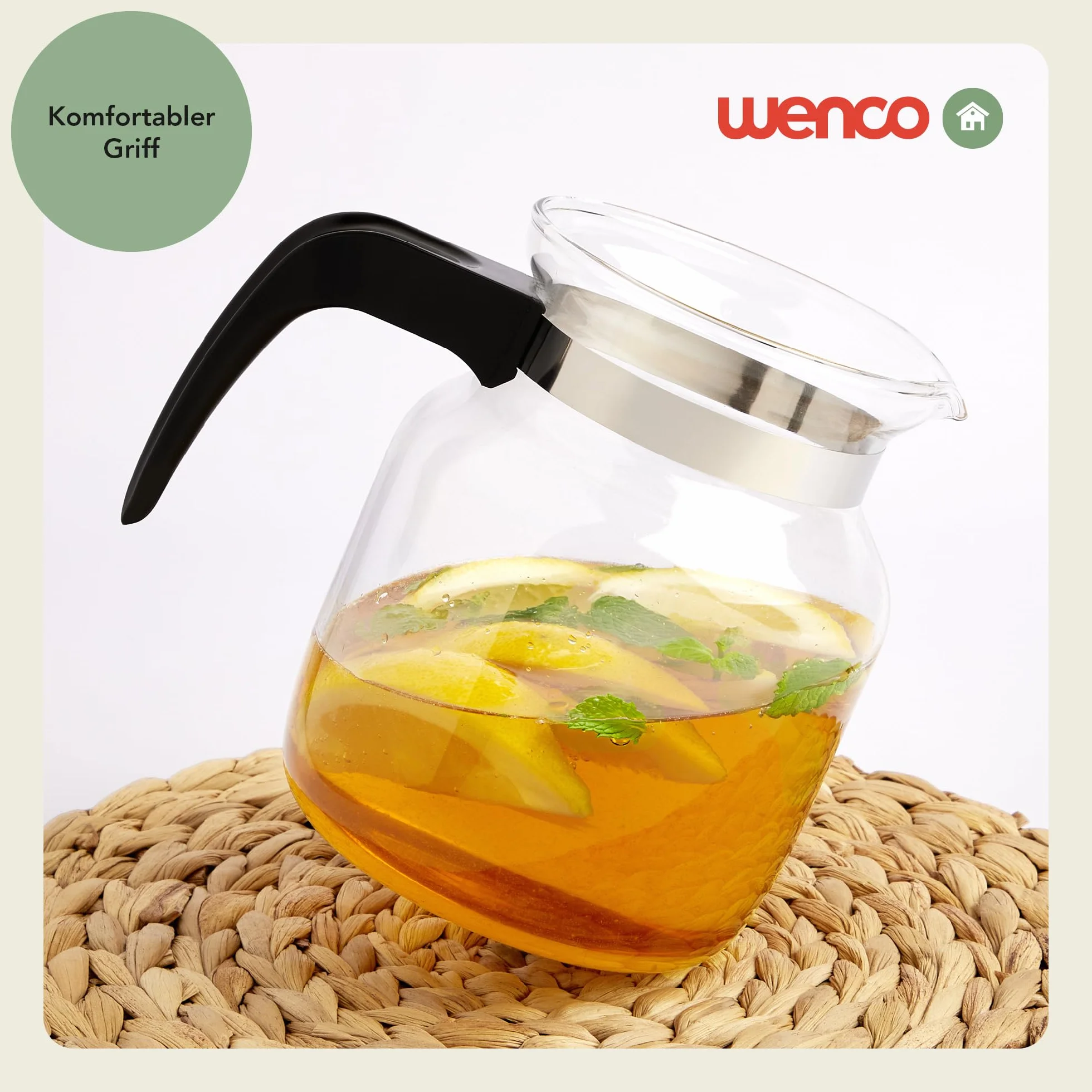Wenco Caraffa in vetro da 1,25 l, ideale per tè, caffè e bevande fredde, resistente al calore, con coperchio e apertura beccuccio, lavabile in lavastoviglie e infrangibile, trasparente/nero