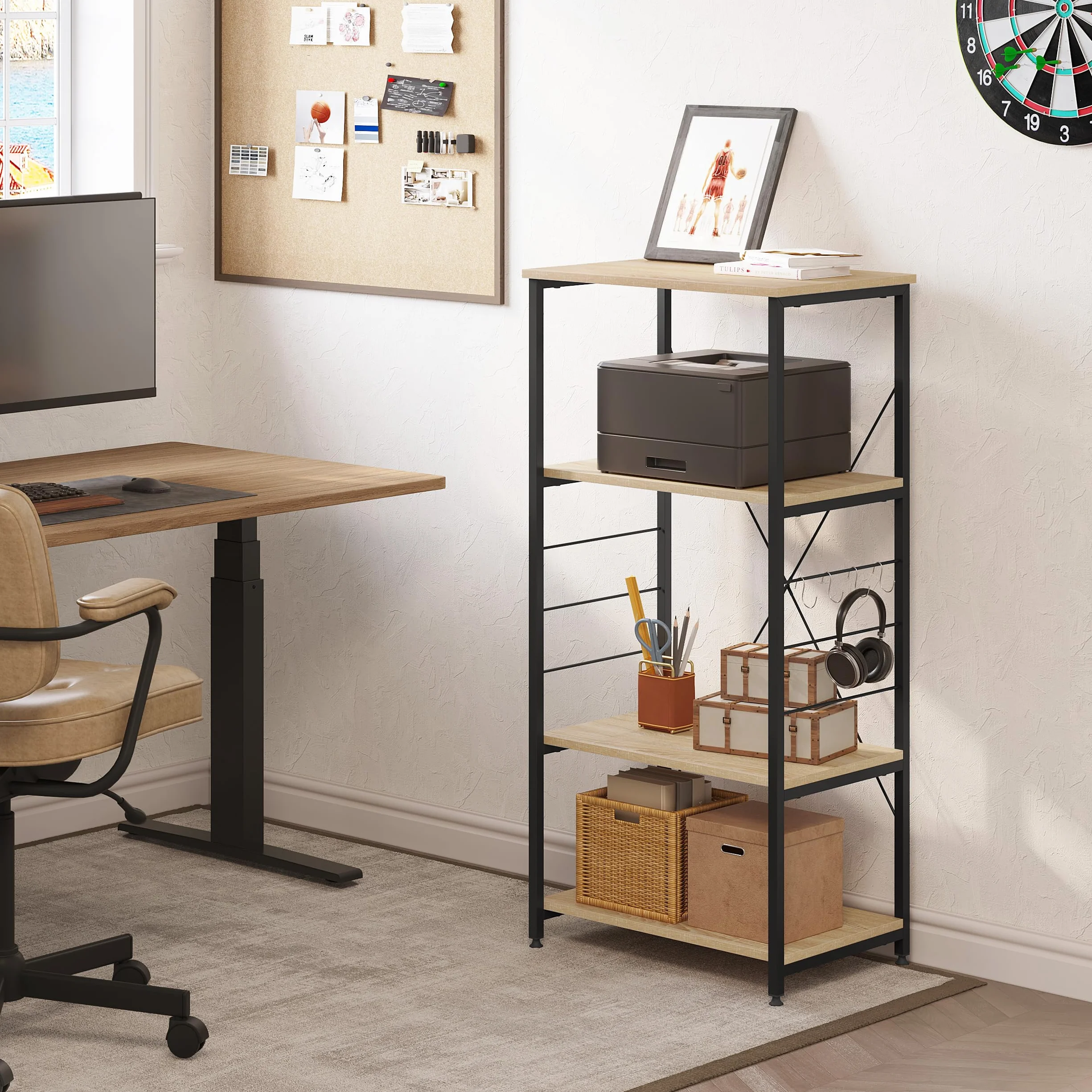 WOLTU Scaffale per Cucina Carrello Porta Microonde Forno a 4 Ripiani con Ganci in Acciaio Legno